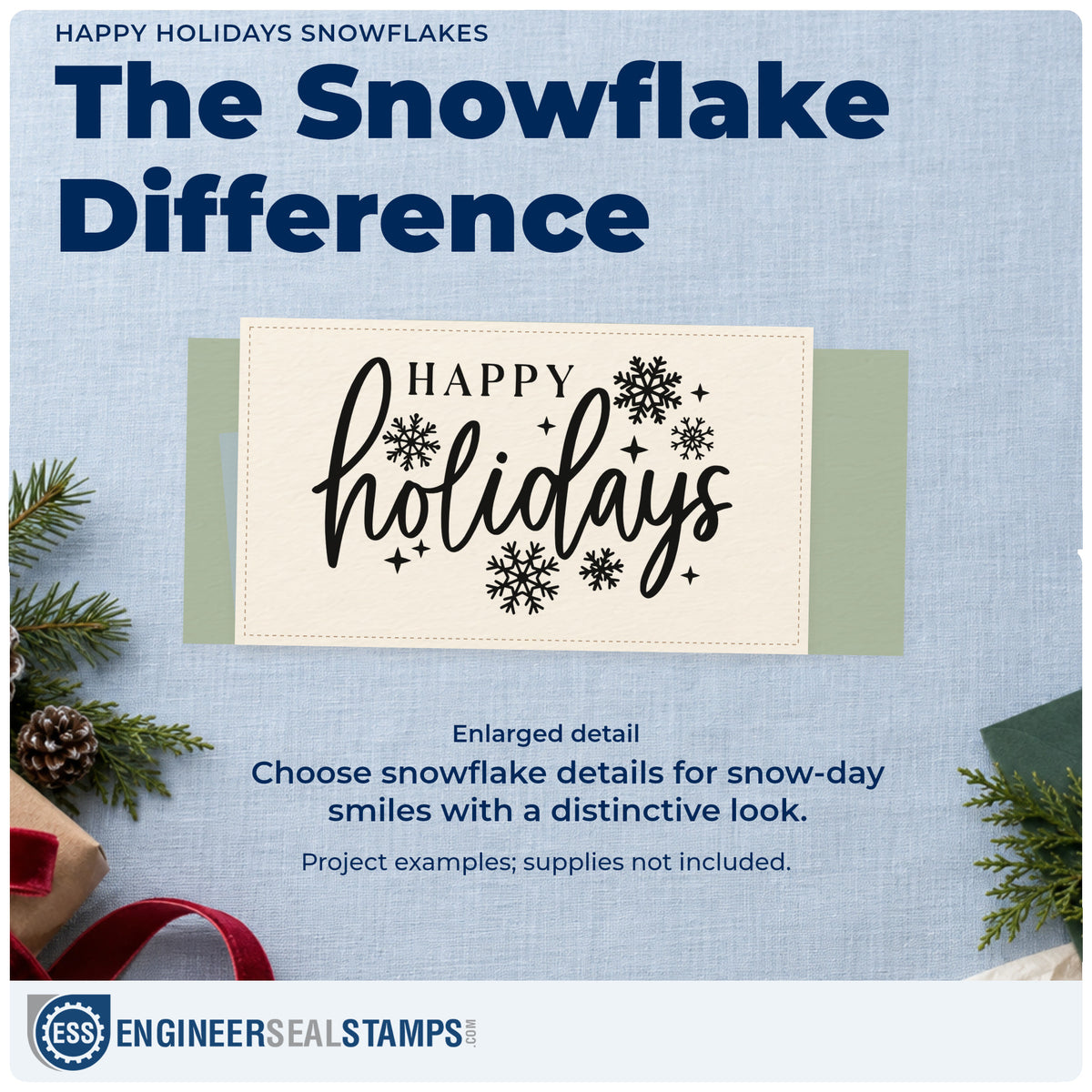 Enlarged detail of the Happy Holidays Snowflakes Hand Stamp – Duo imprint. “Happy Holidays” appears in capitals and script surrounded by snowflakes.