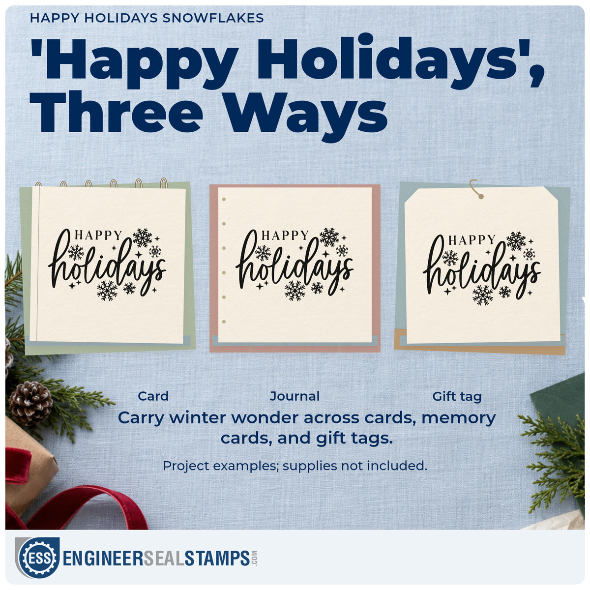 Three project examples made with the Happy Holidays Snowflakes Rubber Stamp – Wood Handle, including office party sheet.