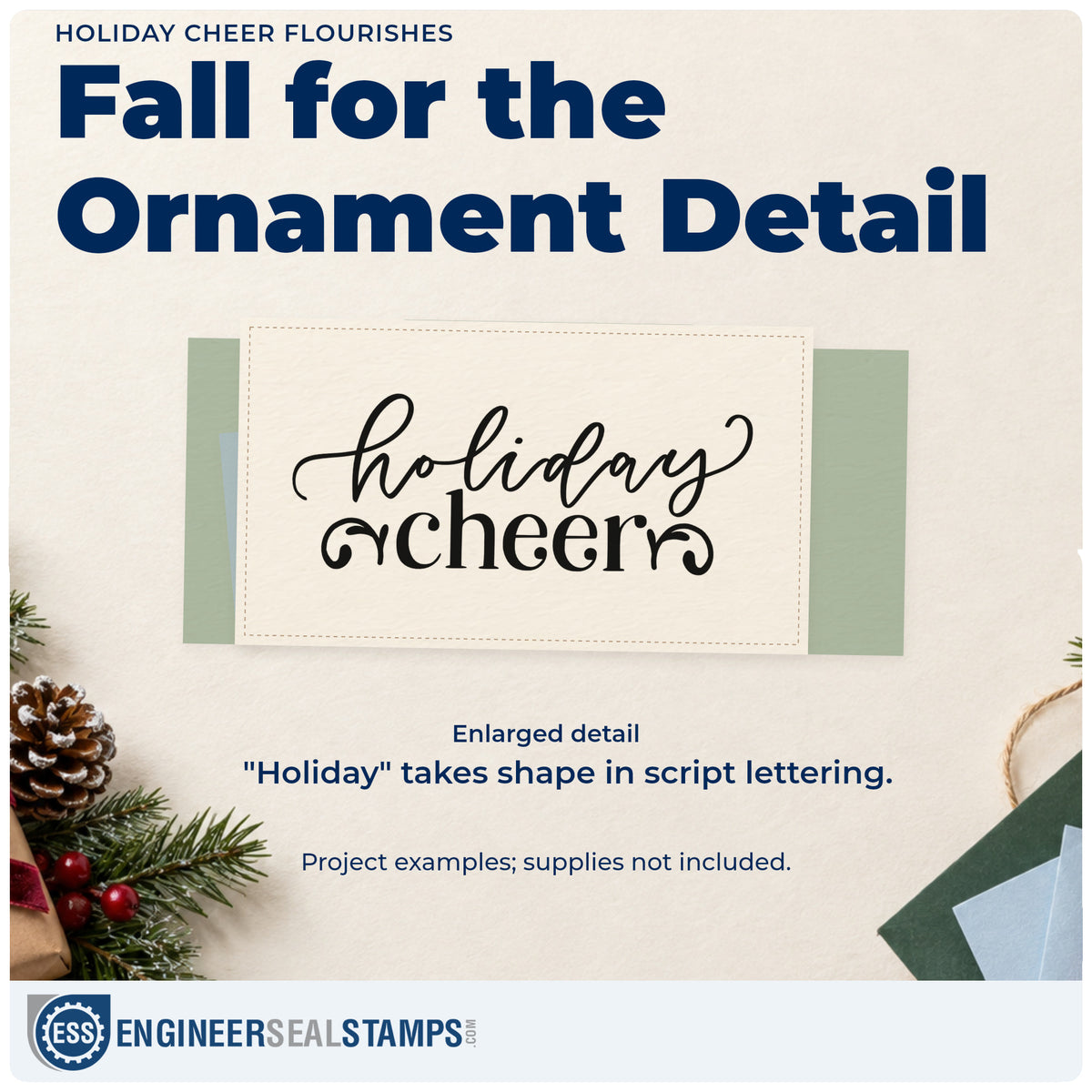 Enlarged detail of the Holiday Cheer Flourishes Ornaments Rubber Stamp – Duo Hand imprint. Script “Holiday” sits above serif “Cheer” with curled ornaments at each side.