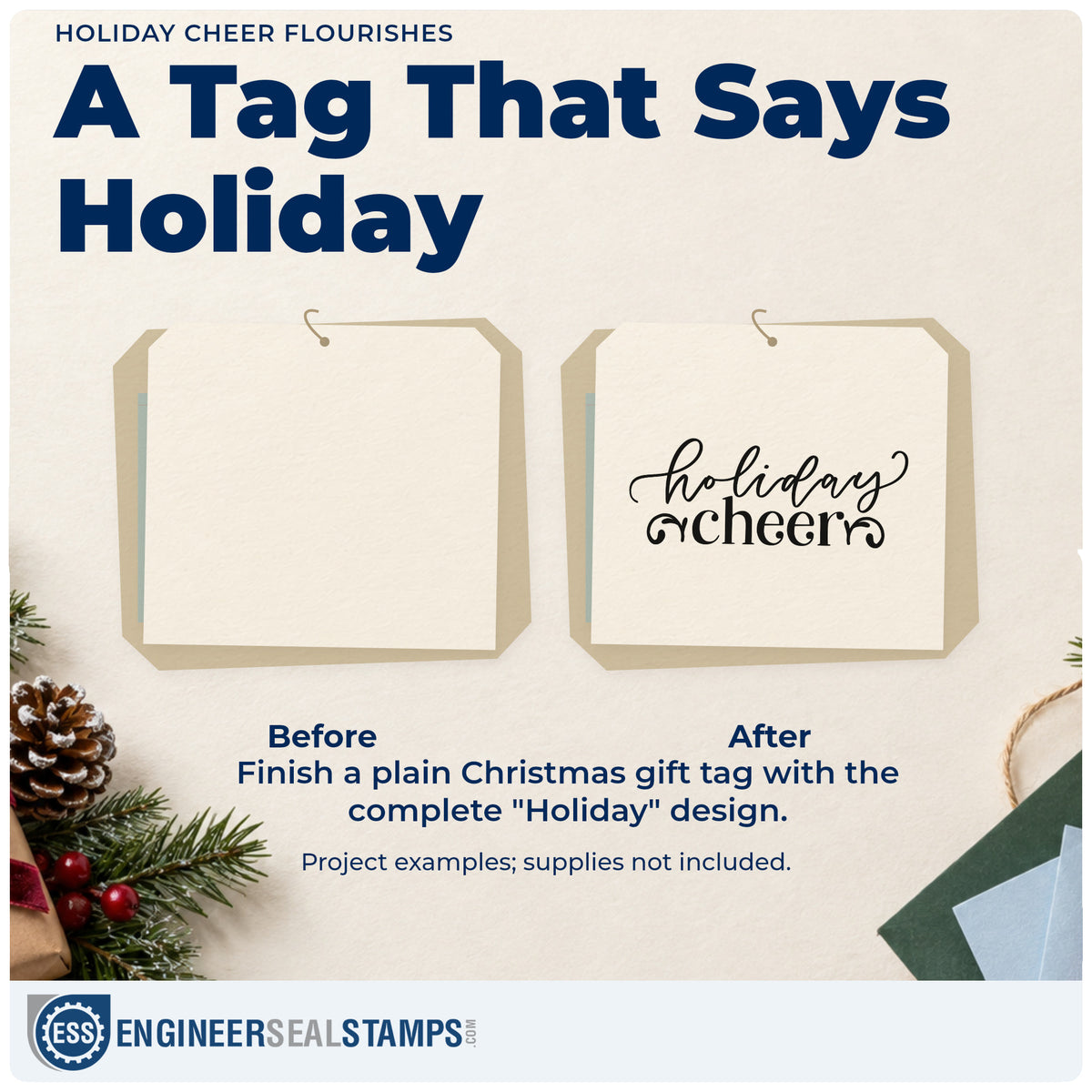 Before and after of a plain item finished with the Holiday Cheer Flourishes Ornaments Slim Pre-Inked Stamp, a quick upgrade for framed entry easel.