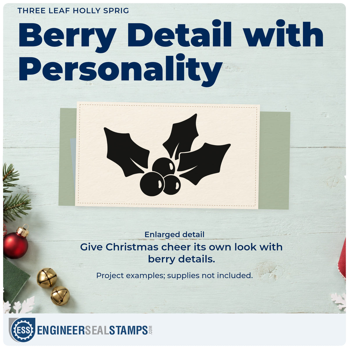 Enlarged detail of the Holly Sprig With Three Leaves Premium Wood-Mounted Stamp – Vintage Pro imprint. Three dark holly leaves surround a cluster of round berries.