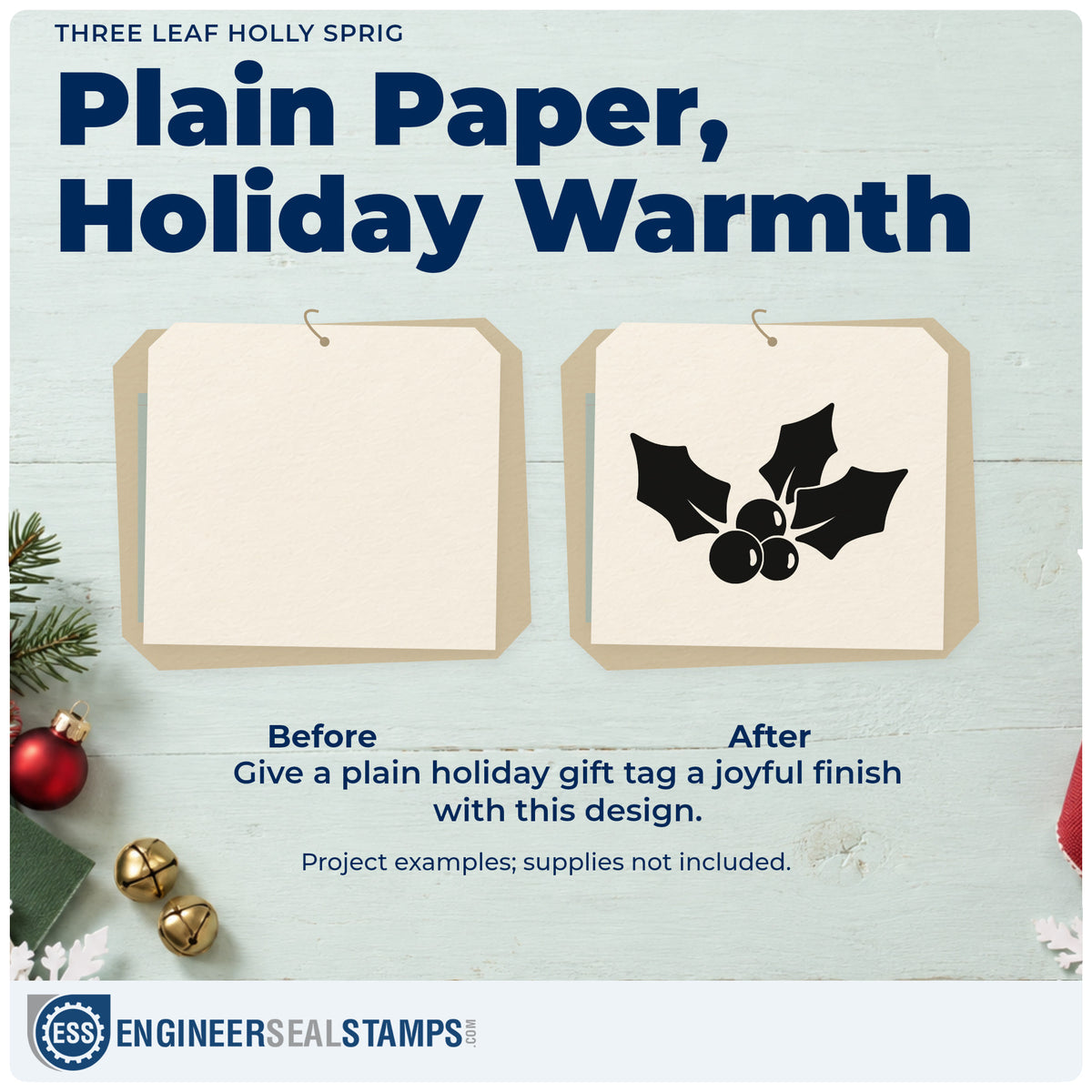 Before and after of a plain item finished with the Holly Sprig With Three Leaves Hand Stamp – Duo, a quick upgrade for framed botanical print.