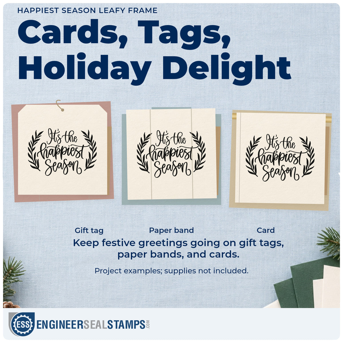 Three project examples made with the Happiest Season Leafy Frame Stamp – Self-Inking, including highlight log sheet.