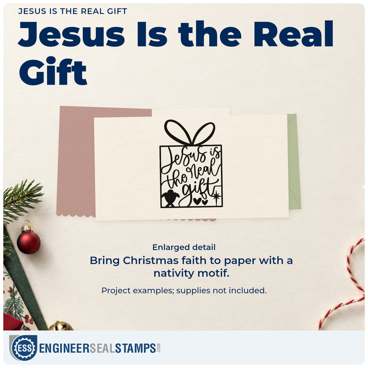 Enlarged detail of the Jesus Is The Real Gift Nativity Self-Inking Craft Stamp imprint. “Jesus Is the Real Gift” fills a ribbon-topped gift outline with nativity-themed silhouettes and hearts below.
