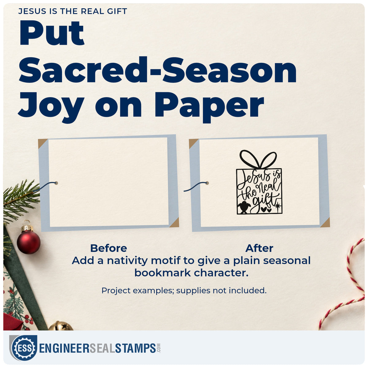 Before and after of a plain item finished with the Jesus Is The Real Gift Nativity Rubber Stamp – Duo Hand, a quick upgrade for framed sunday room.