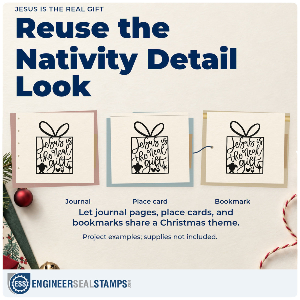 Three project examples made with the Jesus Is The Real Gift Nativity Rubber Stamp – Duo Hand, including lesson outline sheet.
