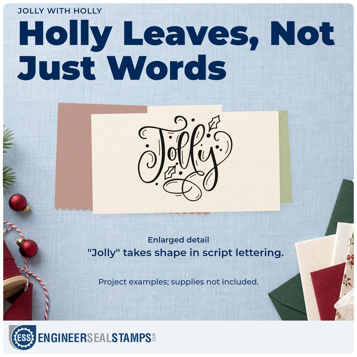 Enlarged detail of the Self-Inking Jolly With Holly Leaf Accents Stamp imprint. Large ornate script “Jolly” is decorated with holly leaves, dots, and looping flourishes.