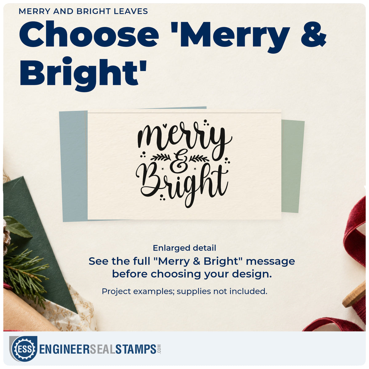 Enlarged detail of the Wood Handle Merry And Bright Leaves Rubber Stamp imprint. “Merry & Bright” features small leafy sprigs, a heart, and dot clusters.