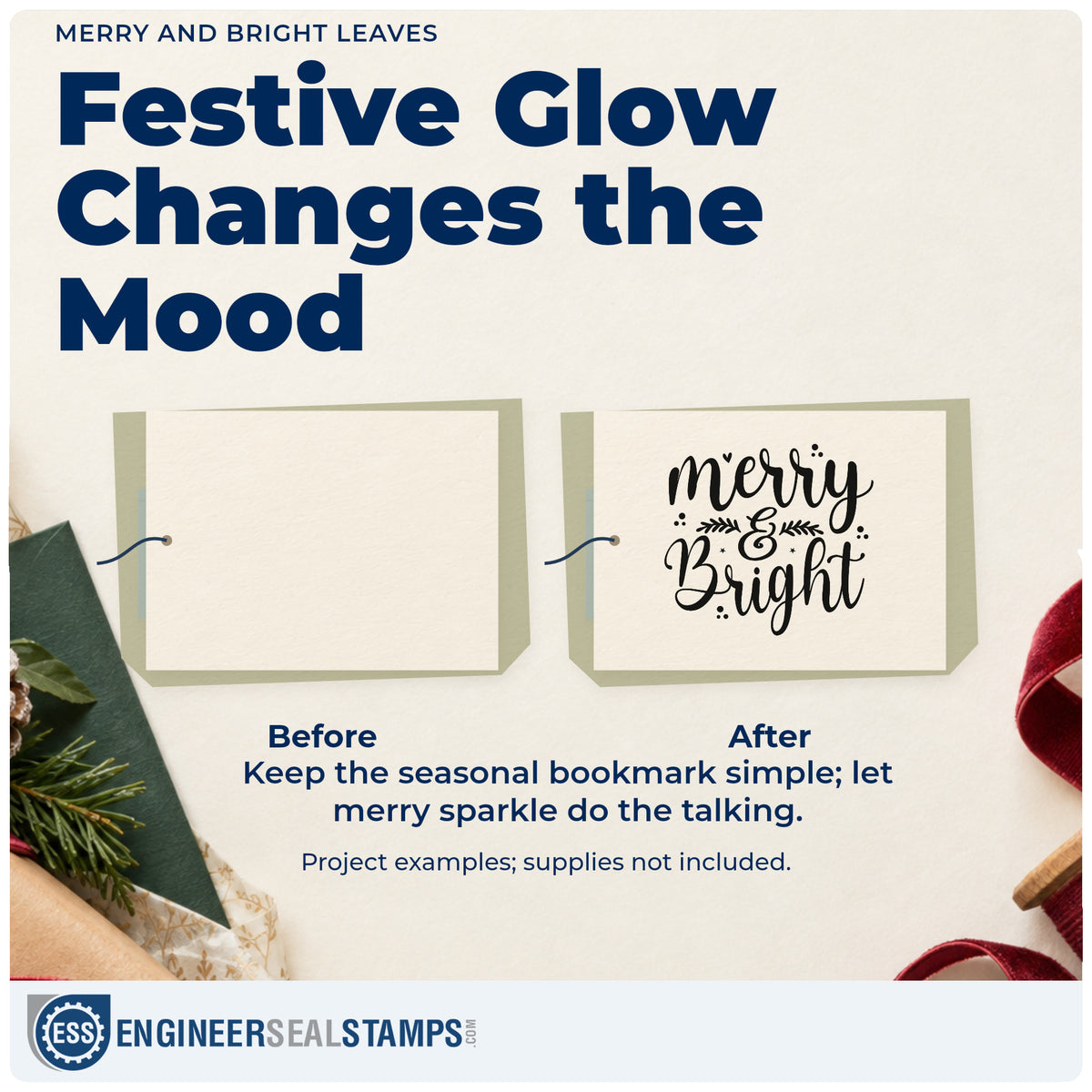 Before and after of a plain item finished with the Wood Handle Merry And Bright Leaves Rubber Stamp, a quick upgrade for framed kitchen ledge.