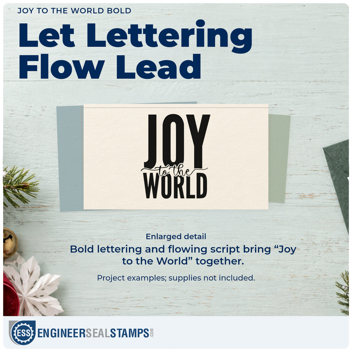 Enlarged detail of the Joy To The World Bold Script Lettering Stamp – PSI Pre-Inked imprint. Oversized “Joy” sits above small script “To the” and bold “World.”
