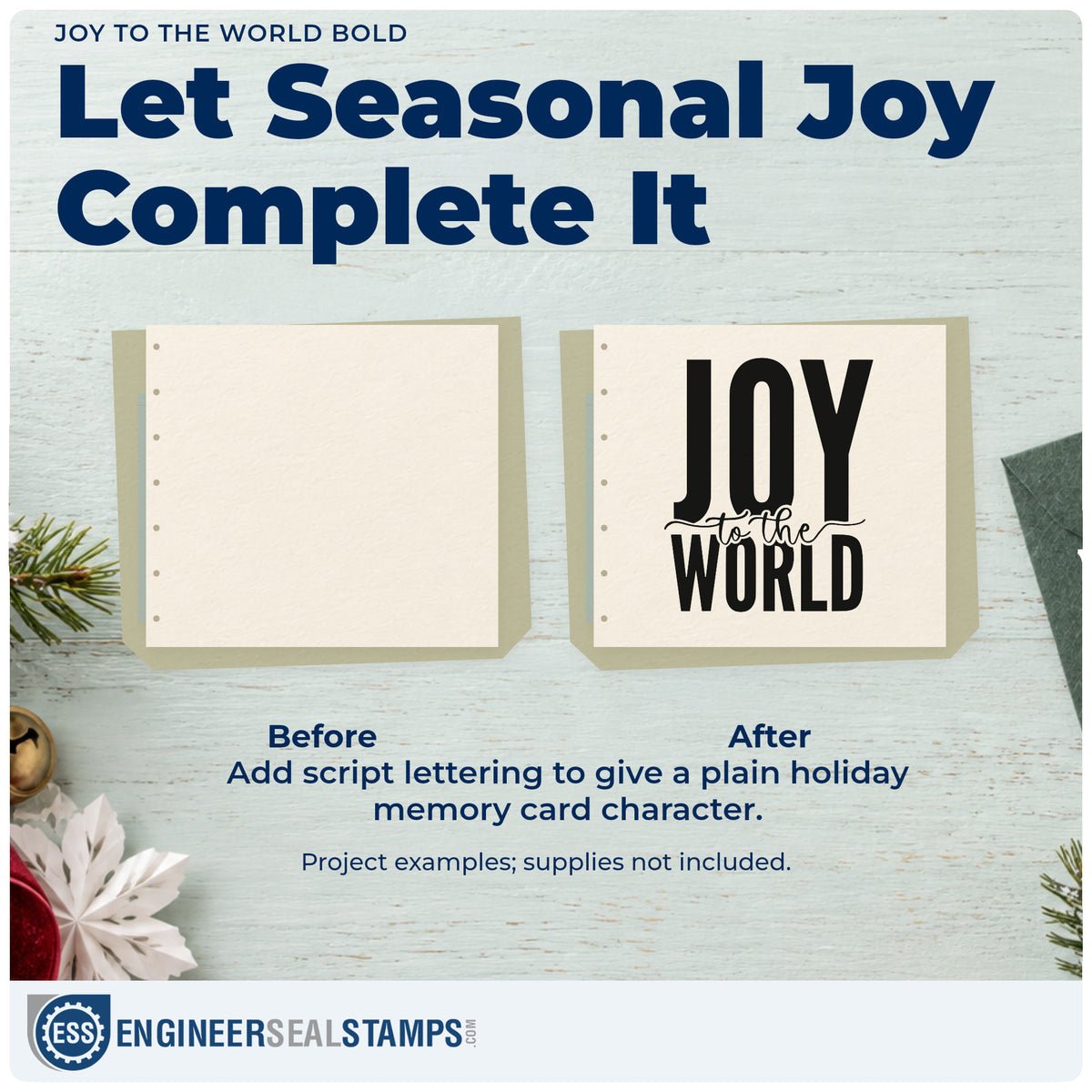 Before and after of a plain item finished with the Joy To The World Bold Script Lettering Stamp – PSI Pre-Inked, a quick upgrade for framed stairwell poster.