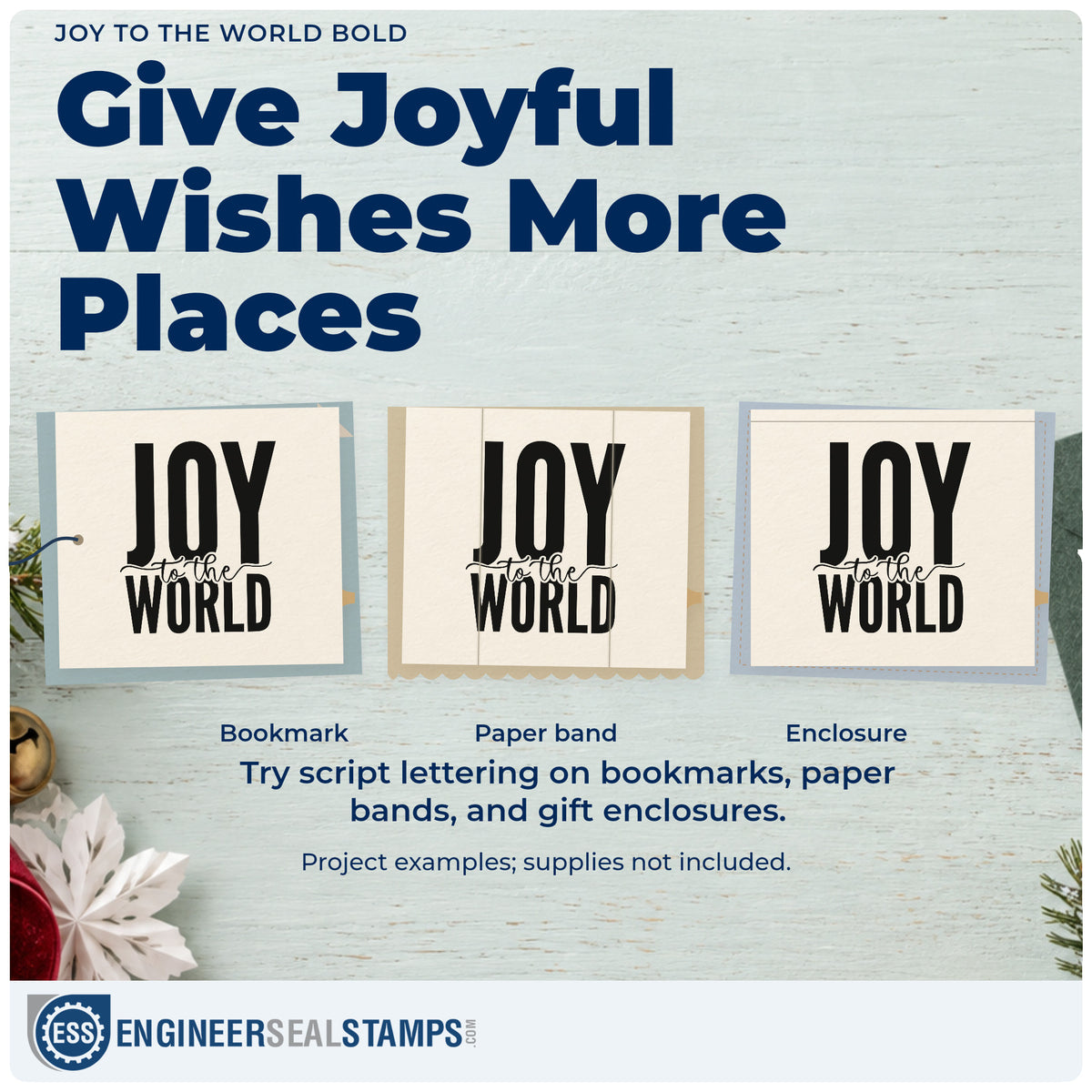 Three project examples made with the Joy To The World Bold Script Lettering Stamp – PSI Pre-Inked, including cover page notebook.