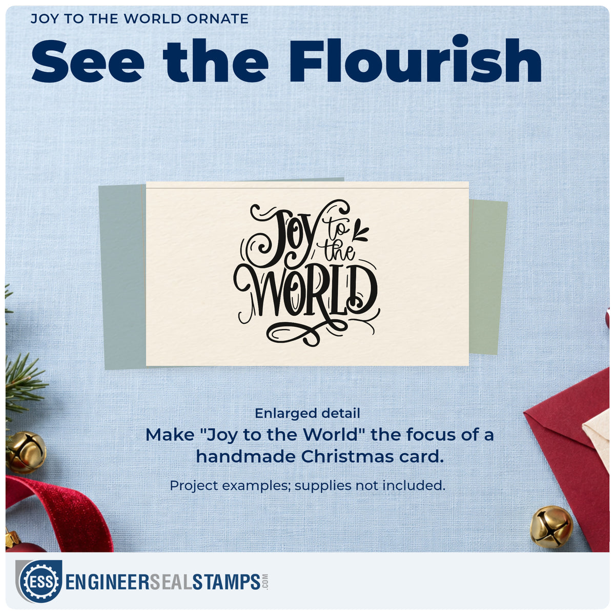 Enlarged detail of the Joy To The World Ornate Rubber Stamp – Wood Handle imprint. “Joy to the World” uses decorative lettering with curls and leafy accents.