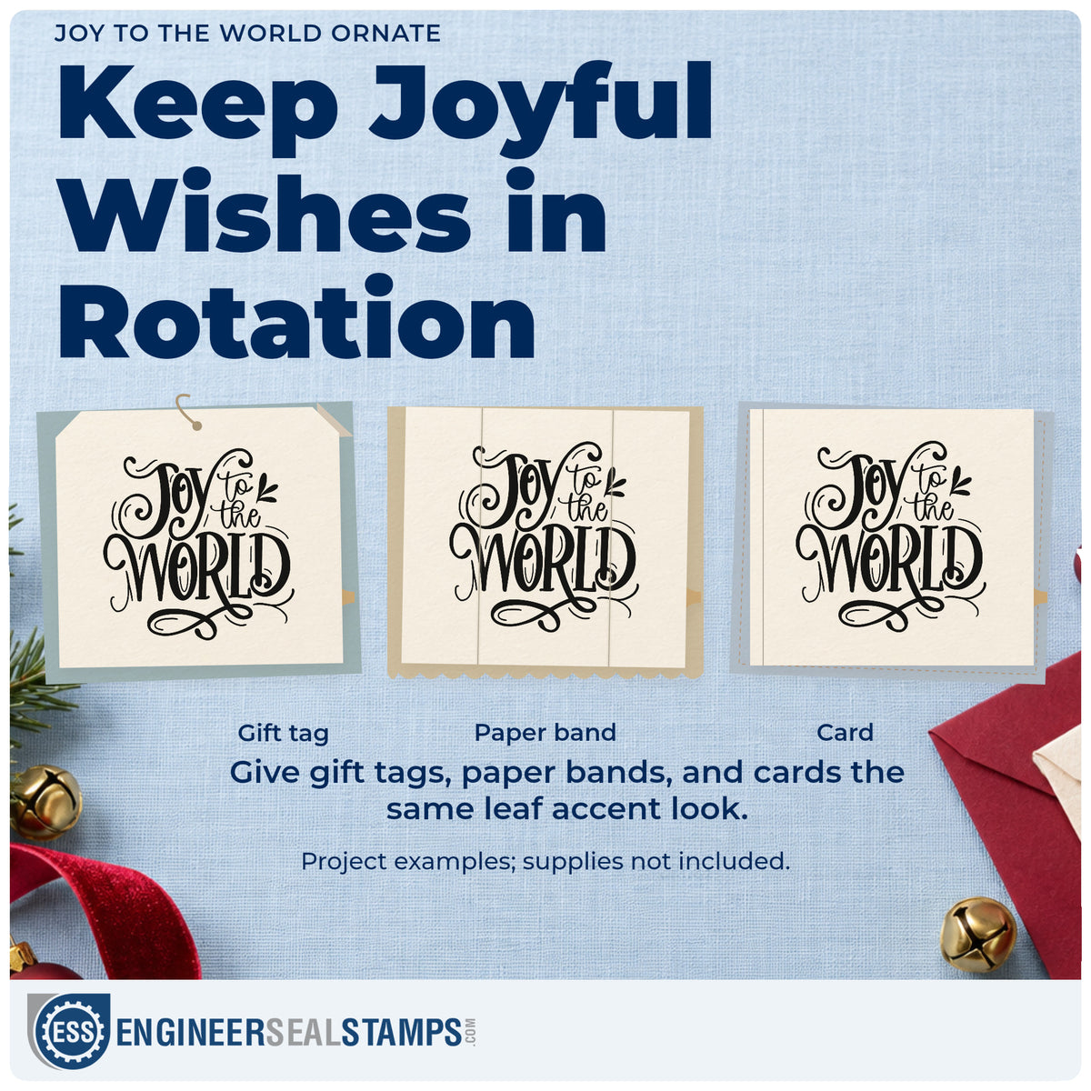 Three project examples made with the Joy To The World Ornate Rubber Stamp – Wood Handle, including service order sheet.