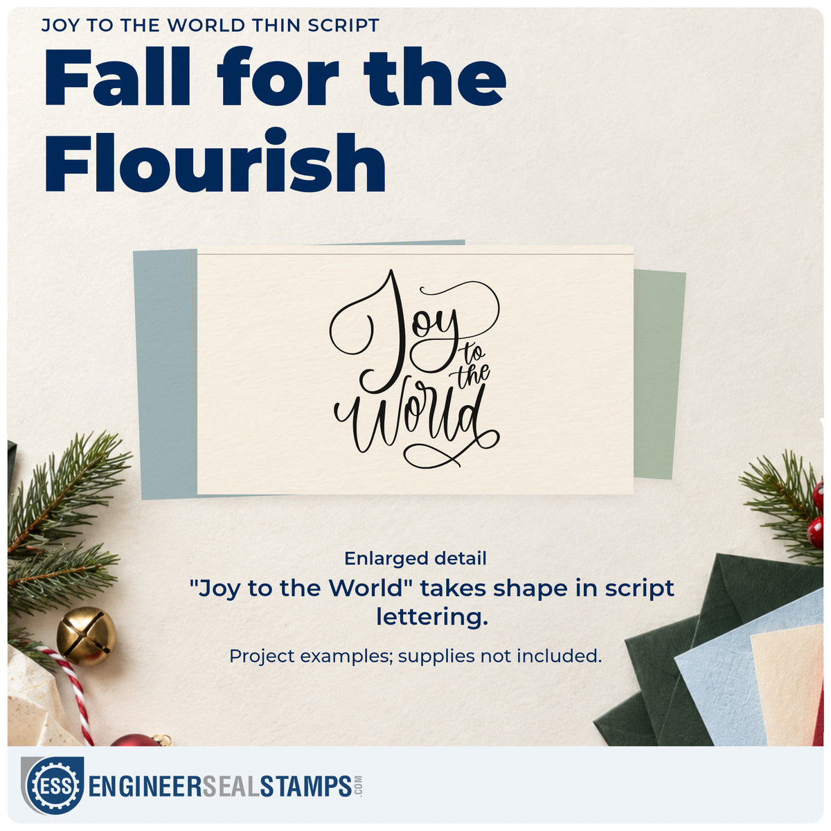 Enlarged detail of the Joy To The World Thin Script Lettering Slim Pre-Inked Stamp imprint. “Joy to the World” appears in thin elegant script with sweeping loops.
