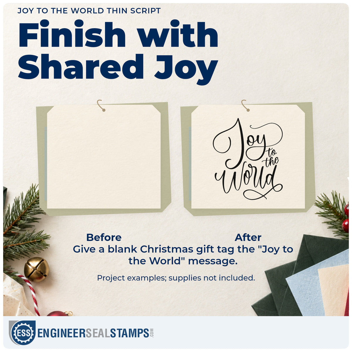 Before and after of a plain item finished with the Joy To The World Thin Script Lettering Self-Inking Stamp, a quick upgrade for framed powder room.