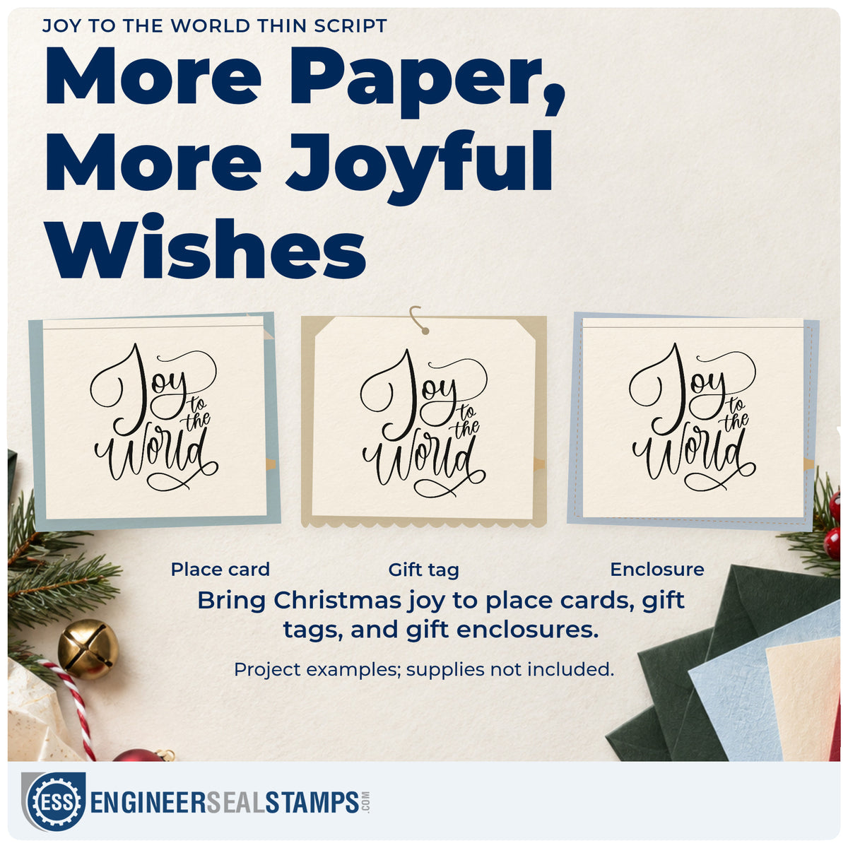Three project examples made with the Joy To The World Thin Script Lettering Wood Handle Stamp, including letter paper header.