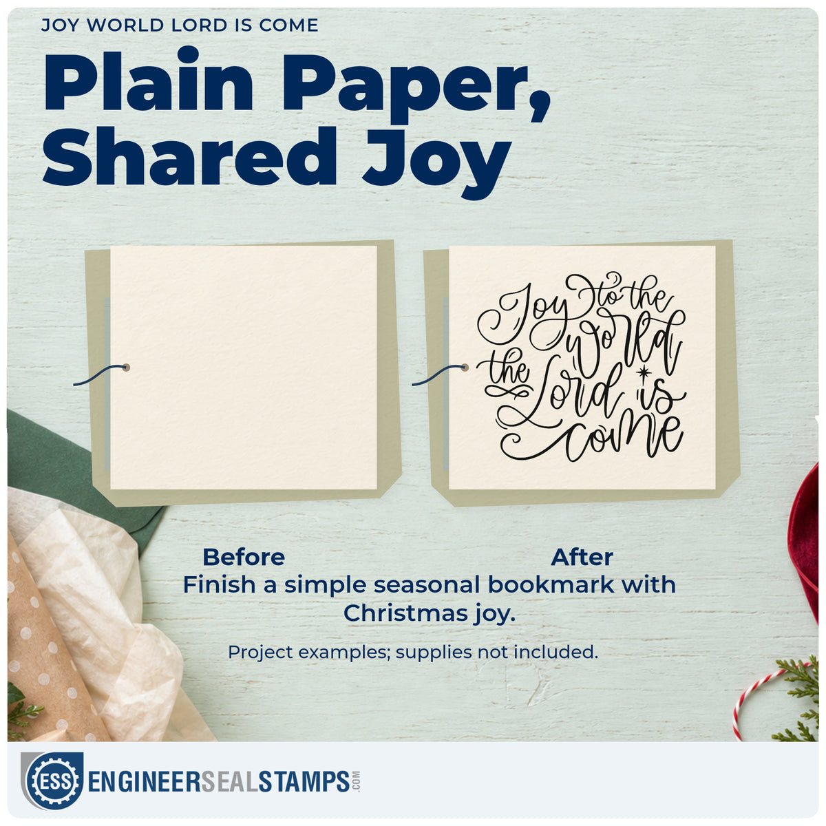 Before and after of a plain item finished with the Joy To The World The Lord Is Come Rubber Stamp – Wood Handle, a quick upgrade for framed long hallway.