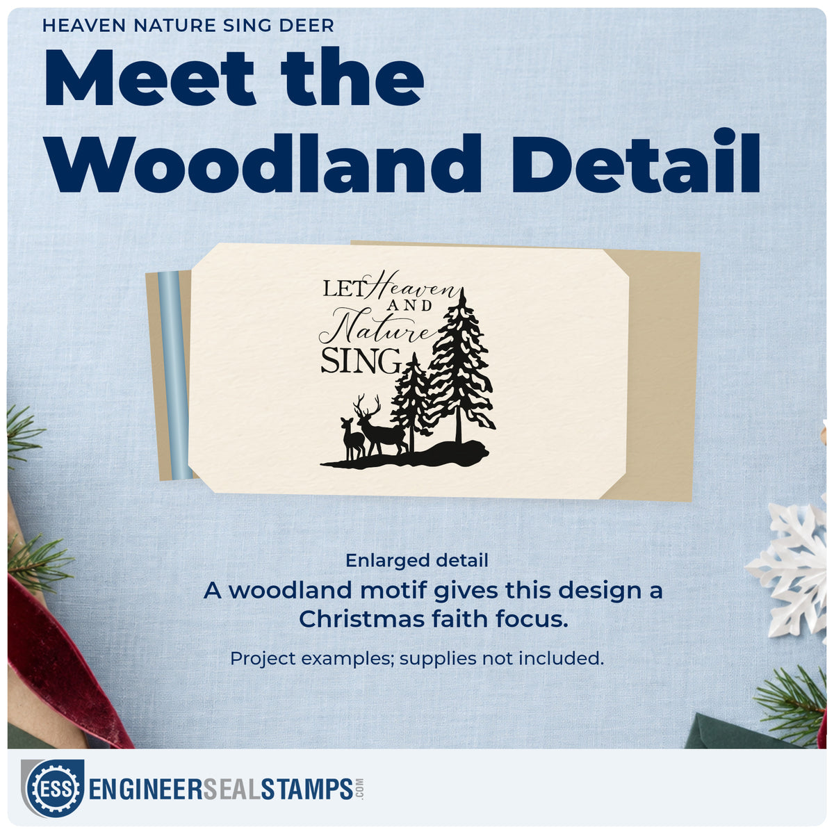 Enlarged detail of the Heaven Nature Sing Deer Pine Motif Compact Pre-Inked Stamp – Slim imprint. “Let Heaven and Nature Sing” appears beside snow-covered pines and a deer silhouette.