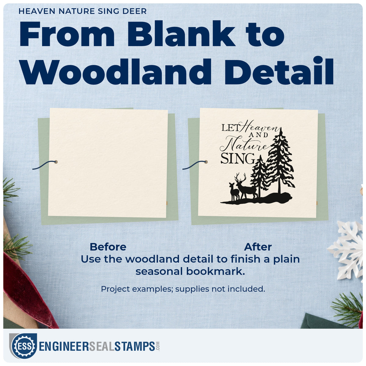 Before and after of a plain item finished with the Heaven Nature Sing Deer Pine Motif Stamp – Wood Handle, a quick upgrade for wool blanket printing.