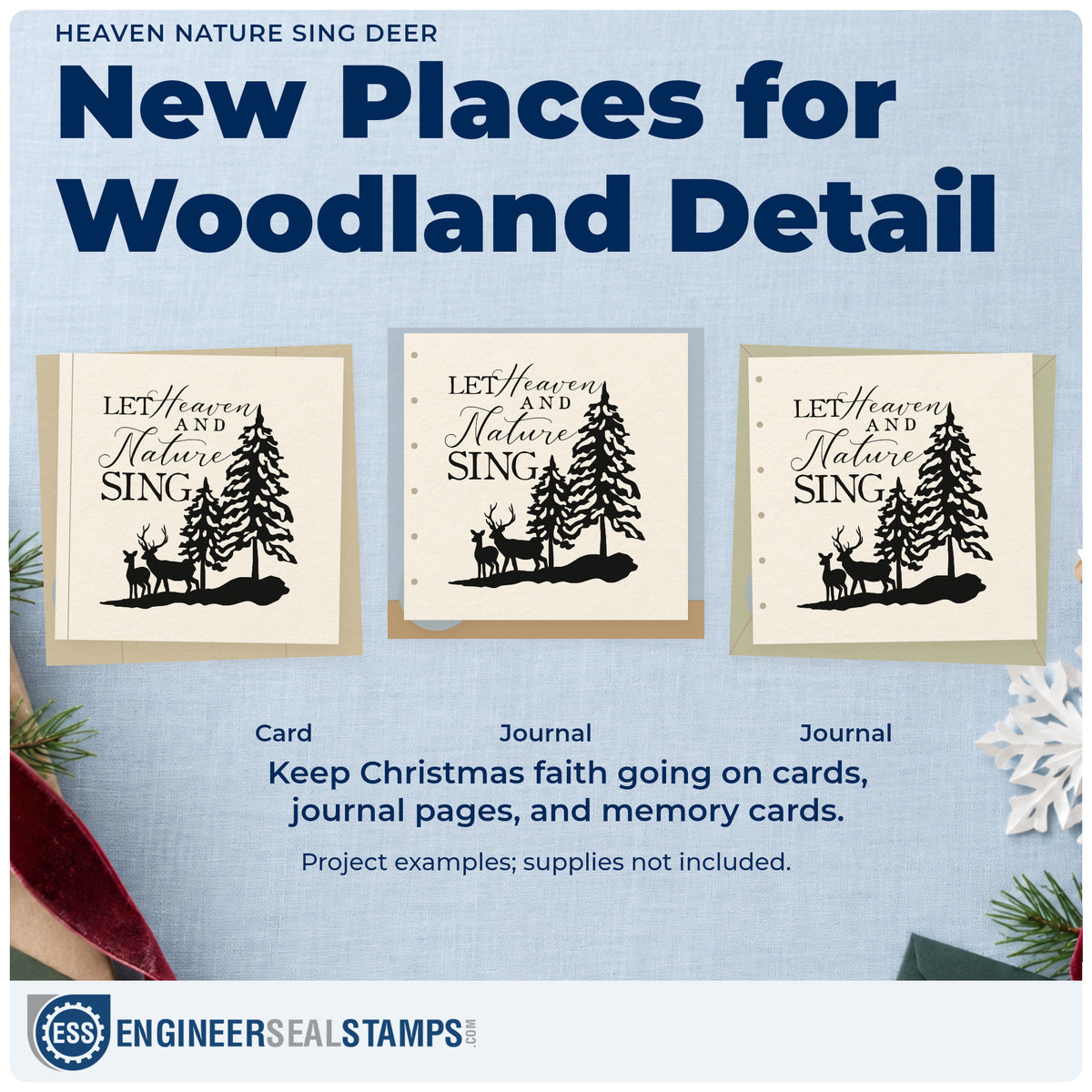 Three project examples made with the Heaven Nature Sing Deer Pine Motif Self-Inking Stamp, including birdseed bag tags.