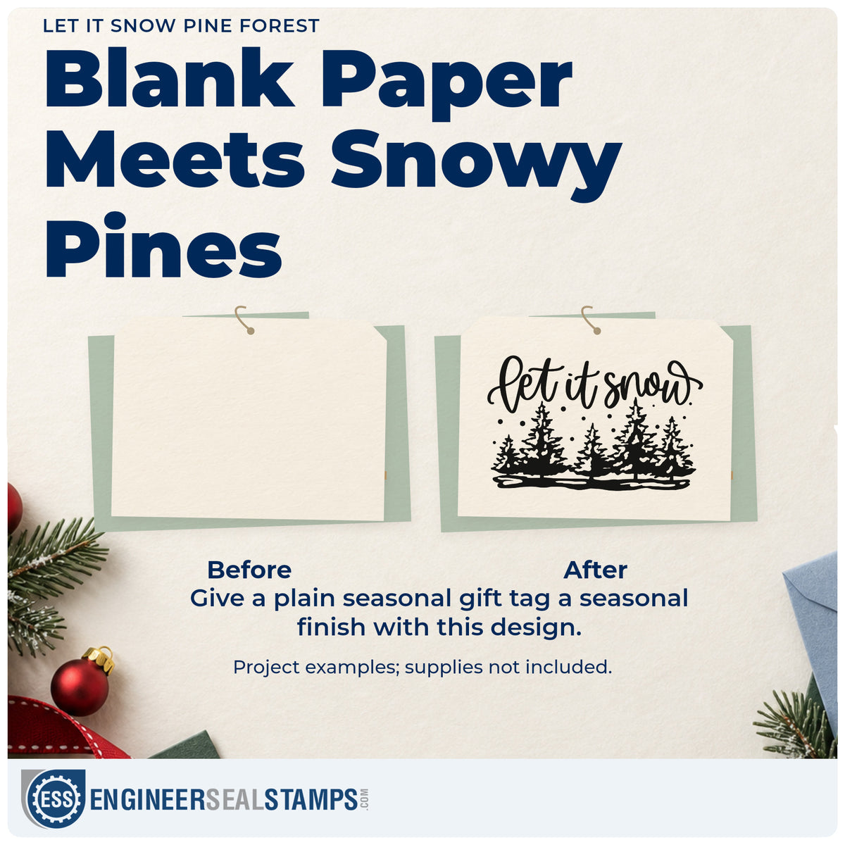 Before and after of a plain item finished with the Let It Snow Pine Forest Stamp – Self-Inking, a quick upgrade for framed cabin mantel.
