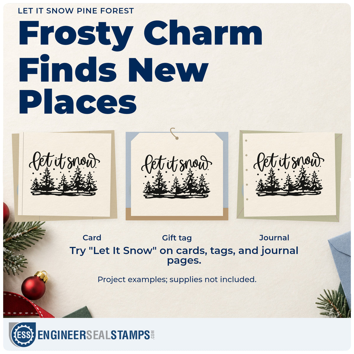 Three project examples made with the PSI Pre-Inked Let It Snow Pine Forest Stamp, including lot inventory sheet.