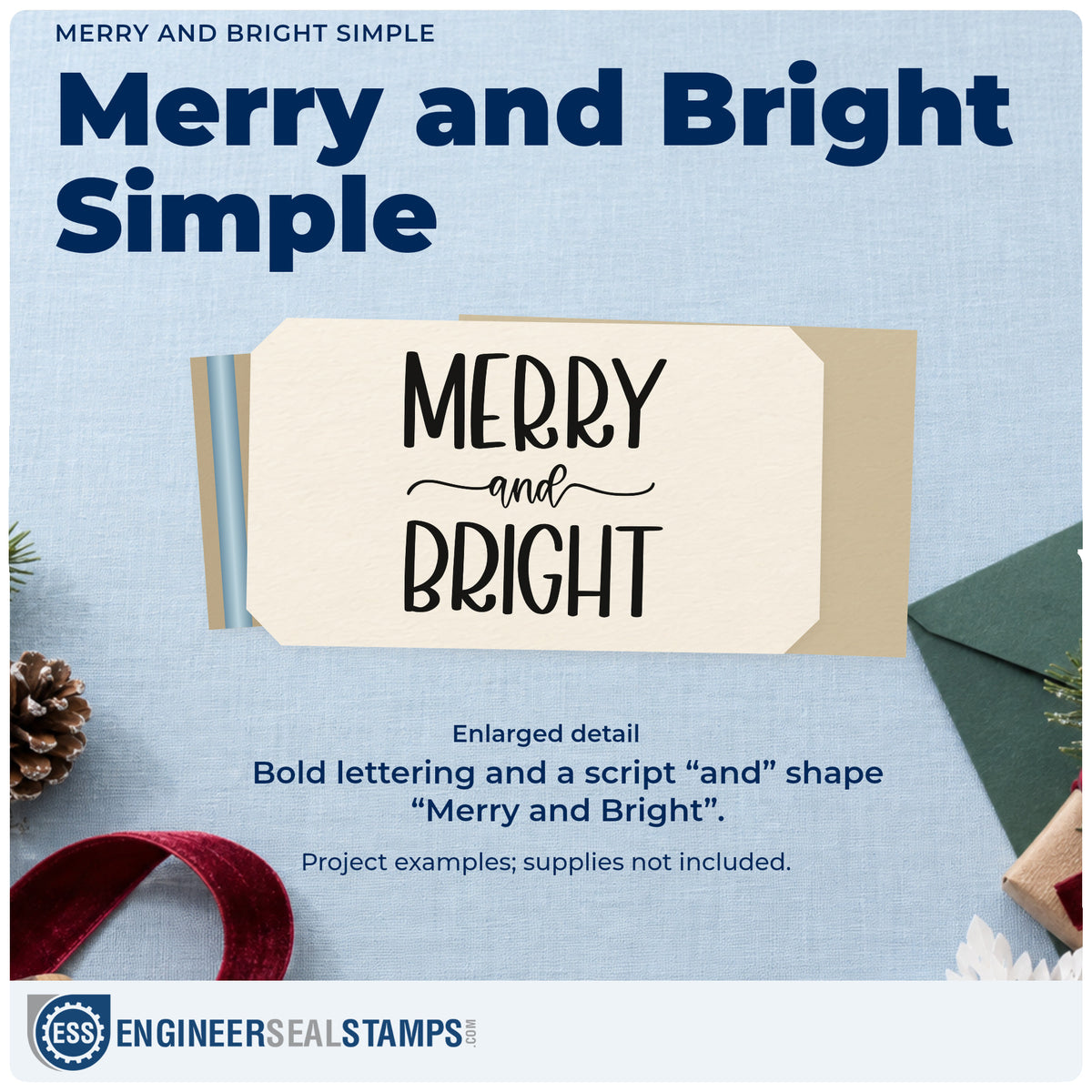 Enlarged detail of the Merry And Bright Simple Hand Stamp – Duo imprint. Tall capitals “Merry” and “Bright” frame script “And” with extended flourishes.