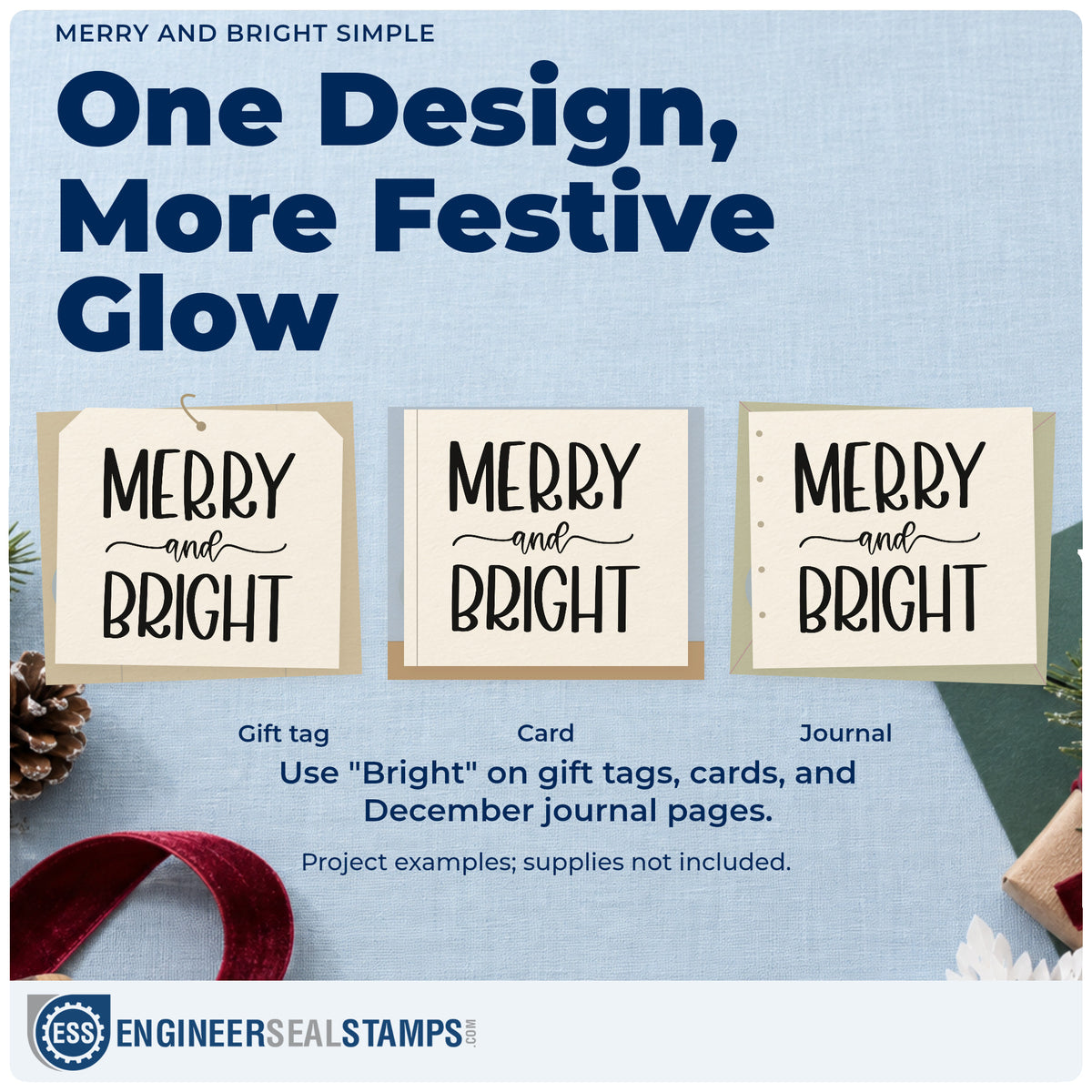 Three project examples made with the Merry And Bright Simple Hand Stamp – Duo, including ledger column header.
