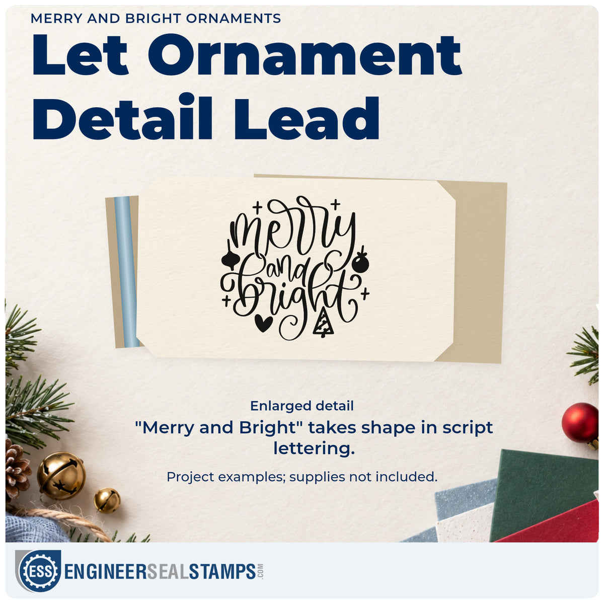 Enlarged detail of the Merry And Bright Ornaments Tree Motif Rubber Stamp – Wood Handle imprint. “Merry and Bright” appears in looping script with hanging ornaments, hearts, a tree, and plus-shaped stars.