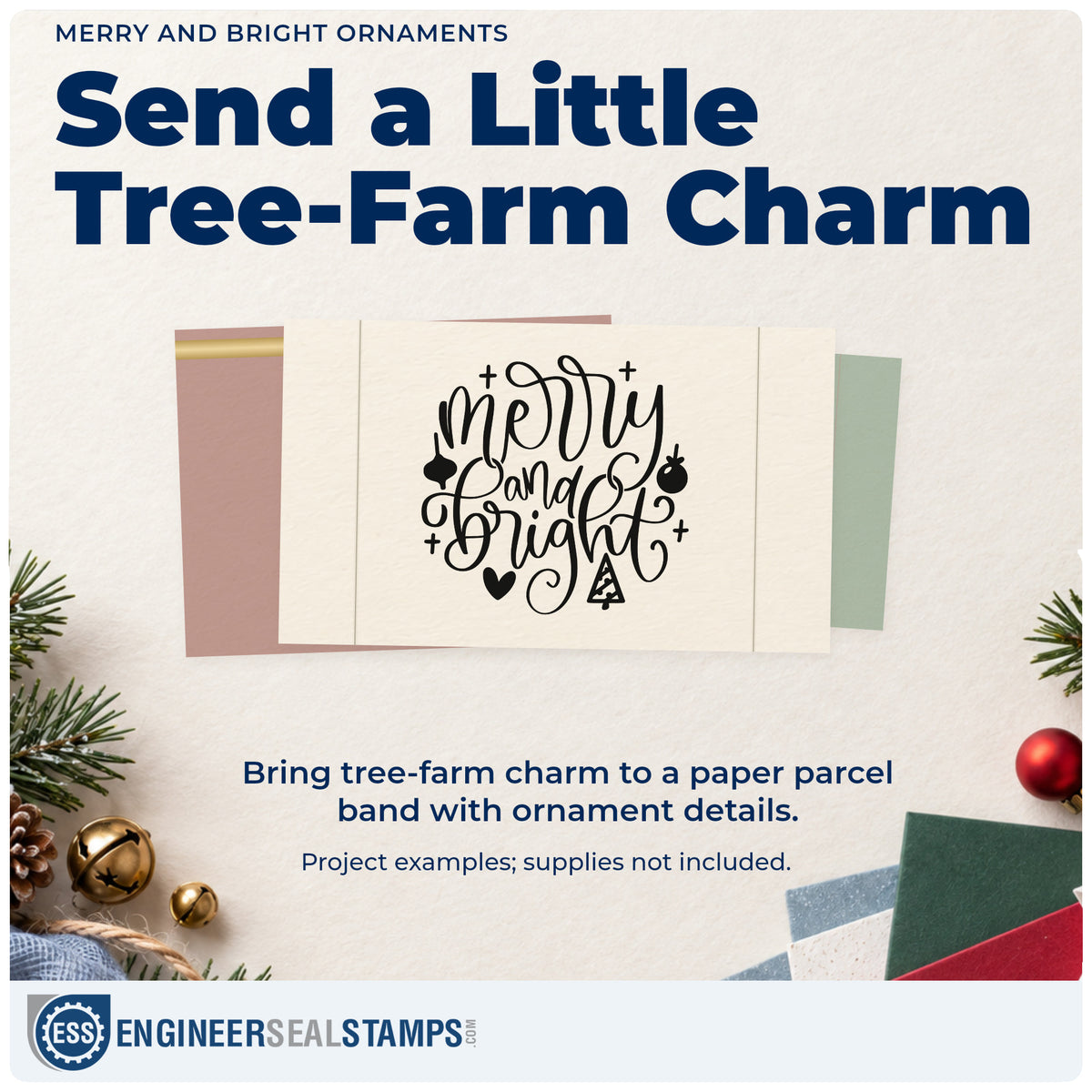 A finished handmade project stamped with the Self-Inking Merry And Bright Ornaments Tree Motif Stamp, ideal for craft fair album page.