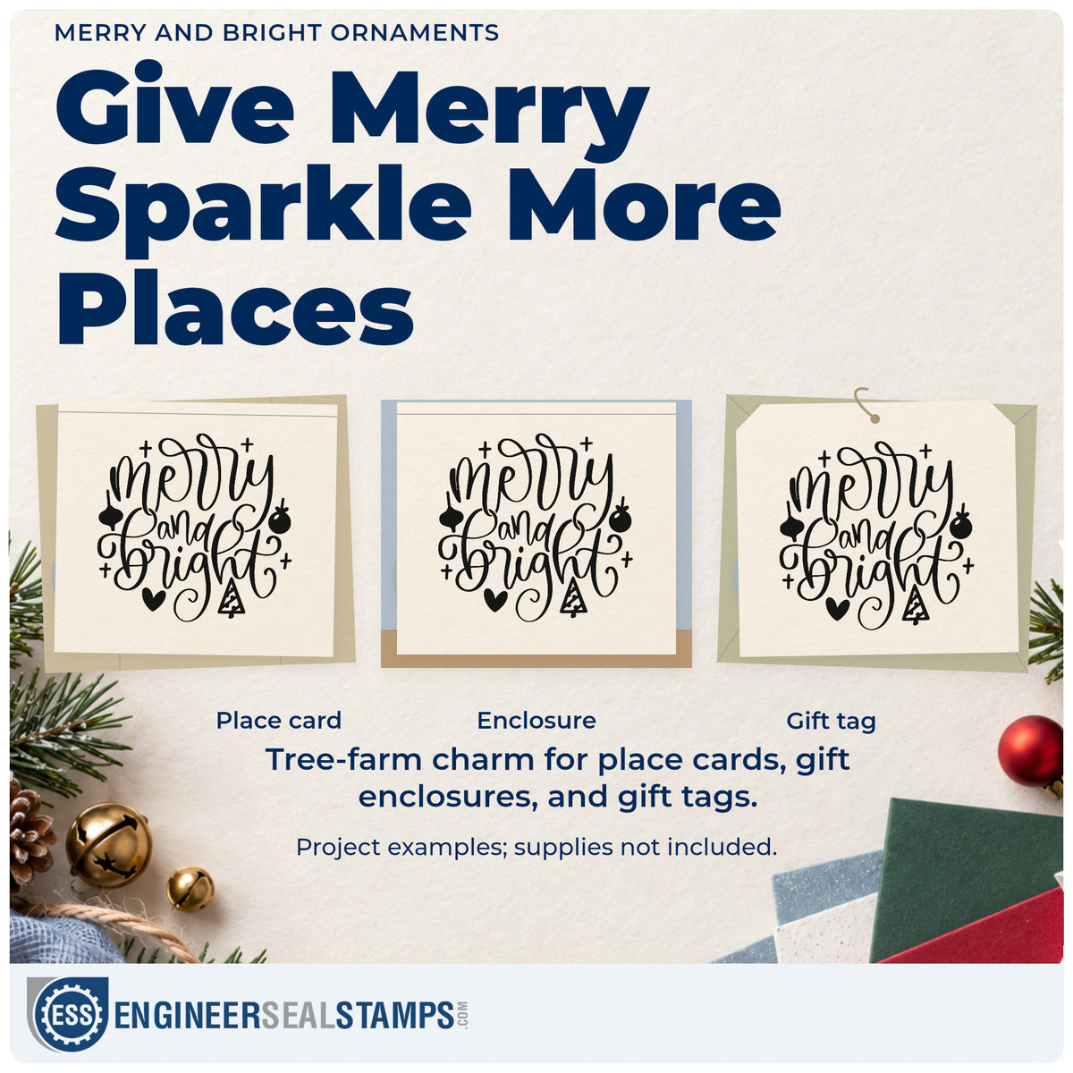 Three project examples made with the Self-Inking Merry And Bright Ornaments Tree Motif Stamp, including project list sheet.