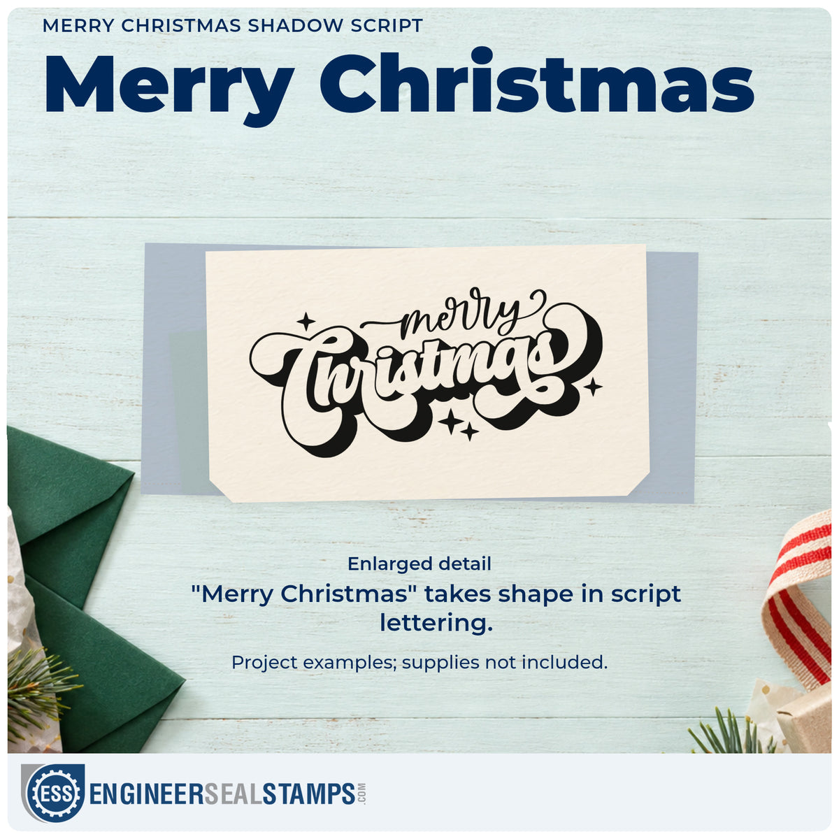 Enlarged detail of the Wood Handle Merry Christmas Shadow Script Rubber Stamp imprint. “Merry Christmas” appears in layered decorative script with small sparkles.