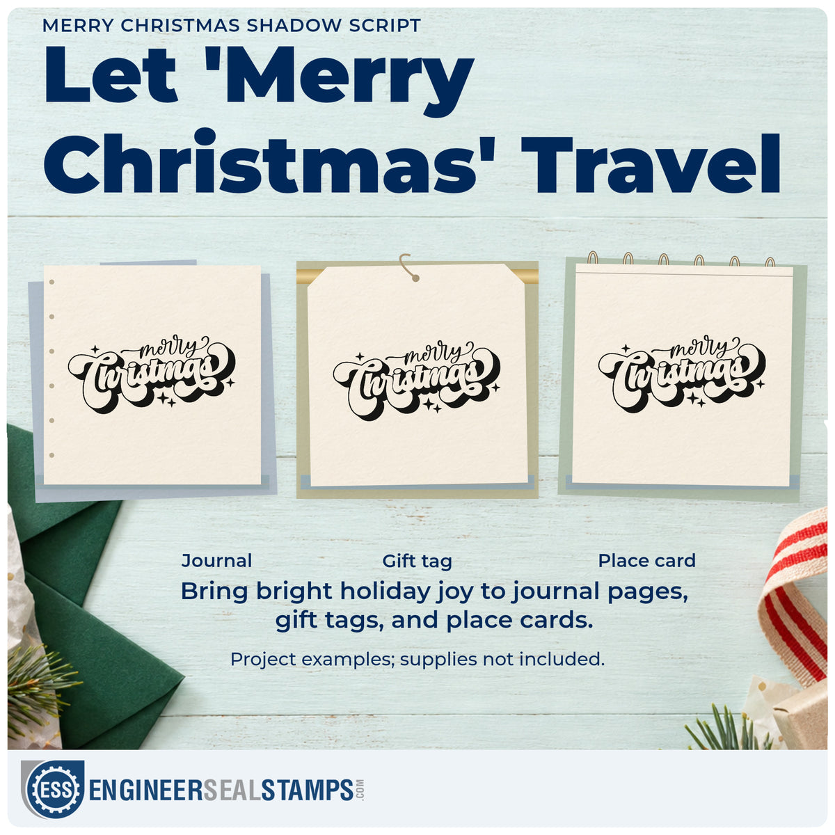 Three project examples made with the Wood Handle Merry Christmas Shadow Script Rubber Stamp, including address book header.