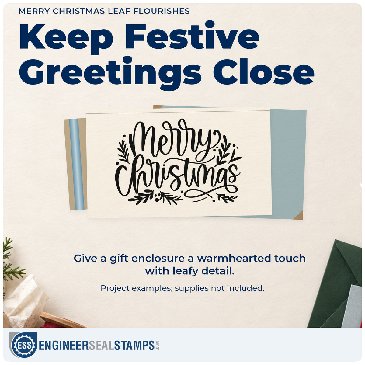 A finished handmade project stamped with the Merry Christmas Leaf Flourishes Stamp – Slim Pre-Inked, ideal for winter beds album.