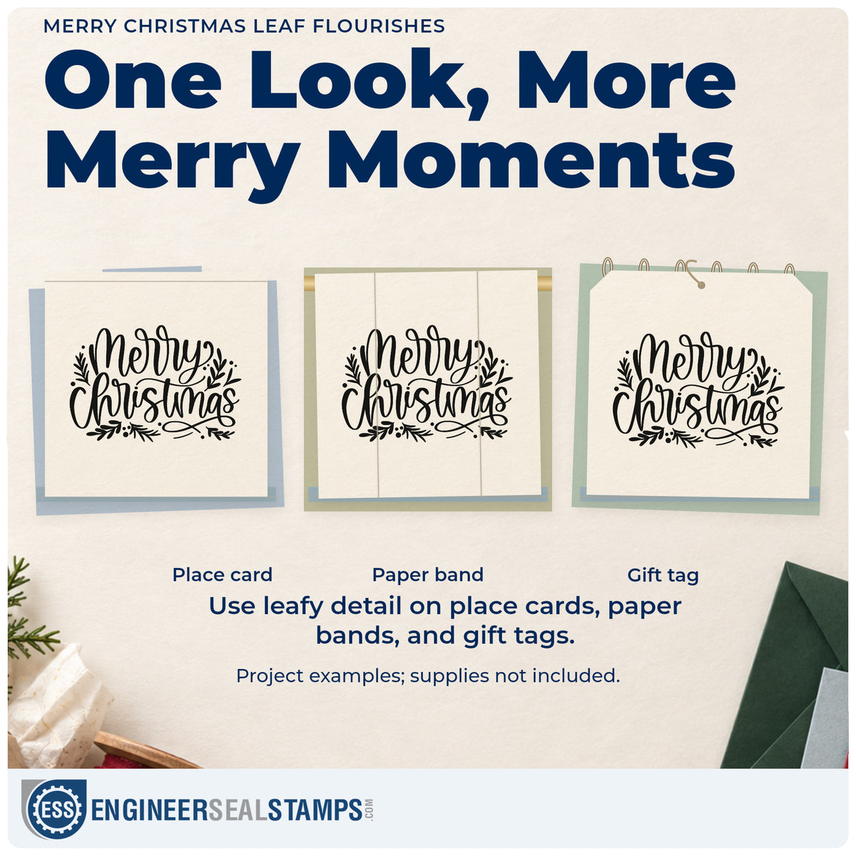 Three project examples made with the Merry Christmas Leaf Flourishes PSI Pre-Inked Stamp, including seed order sheet.