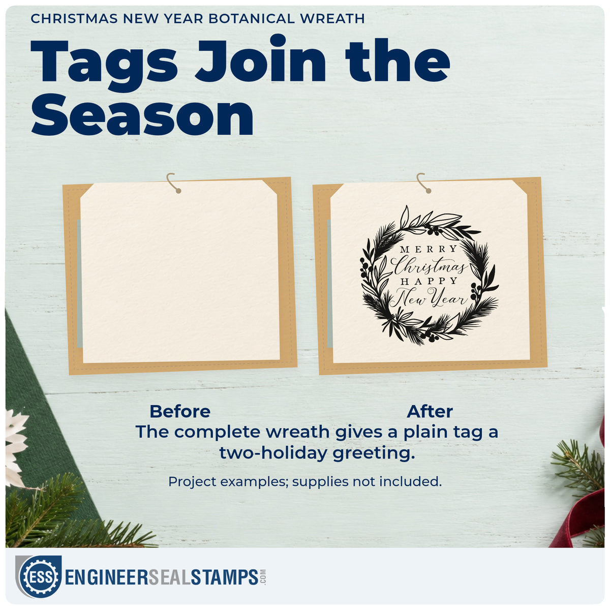 Before and after of a plain item finished with the Christmas New Year Botanical Wreath Self-Inking Stamp, a quick upgrade for framed hall alcove.