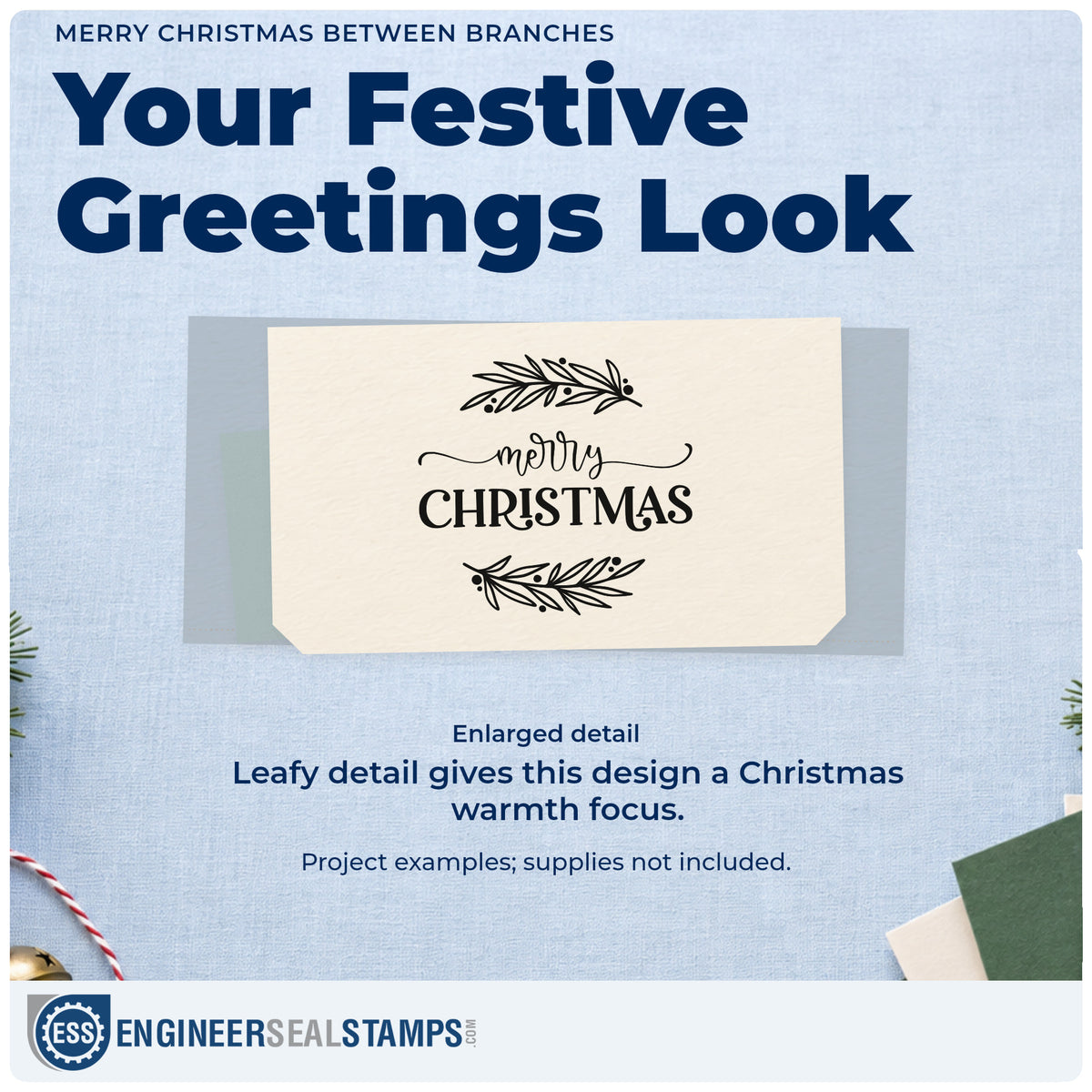 Enlarged detail of the Merry Christmas Between Branches Pre-Inked Stamp – Slim imprint. “Merry Christmas” is framed above and below by long leafy branches.