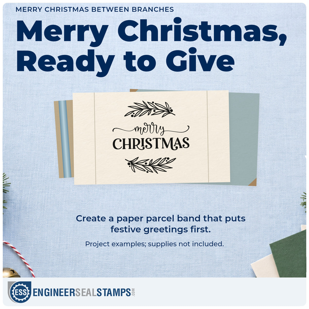 A finished handmade project stamped with the Merry Christmas Between Branches Rubber Stamp – Wood Handle, ideal for page top bottom rule.