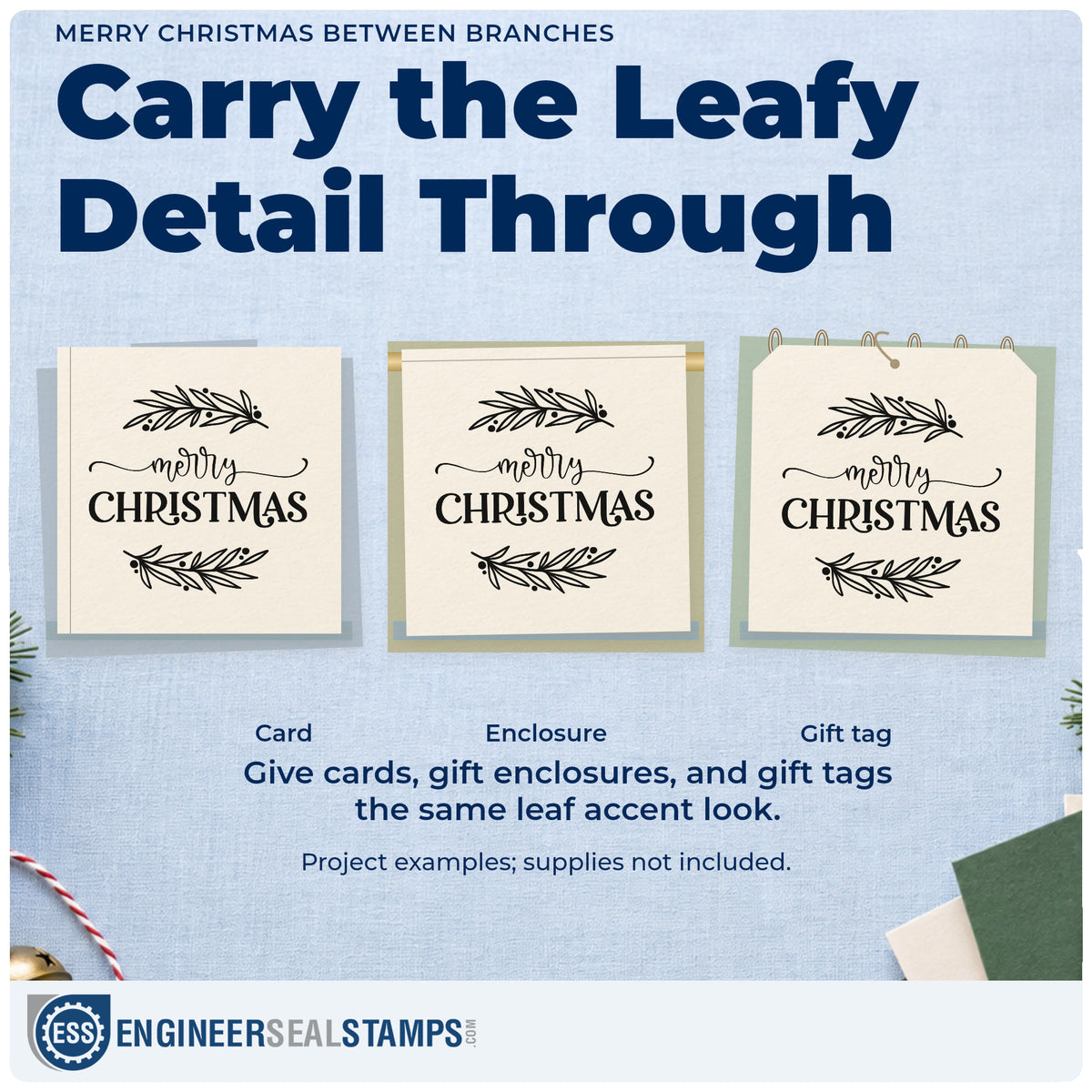 Three project examples made with the Merry Christmas Between Branches Pre-Inked Stamp – Slim, including section divider sheet.