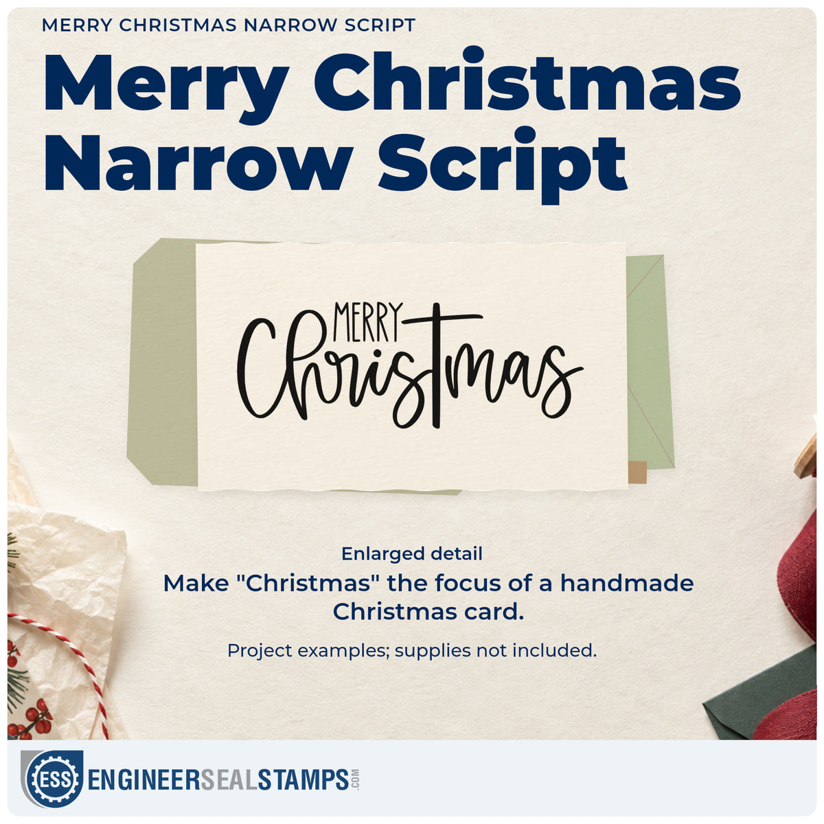 Enlarged detail of the Merry Christmas Narrow Script PSI Pre-Inked Stamp imprint. Small “Merry” sits over tall flowing “Christmas” lettering.