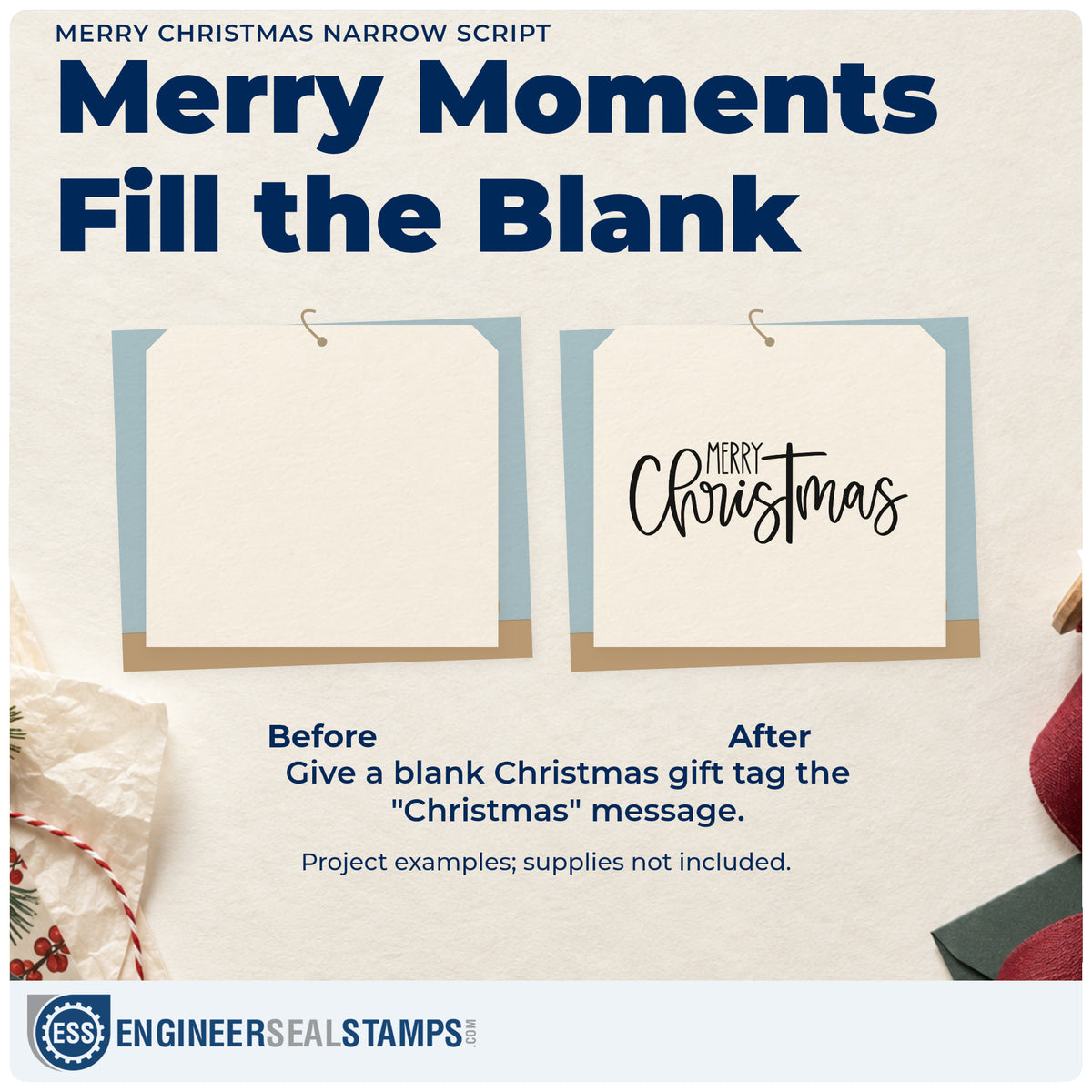 Before and after of a plain item finished with the Merry Christmas Narrow Script Rubber Stamp – Duo Hand, a quick upgrade for framed narrow niche.
