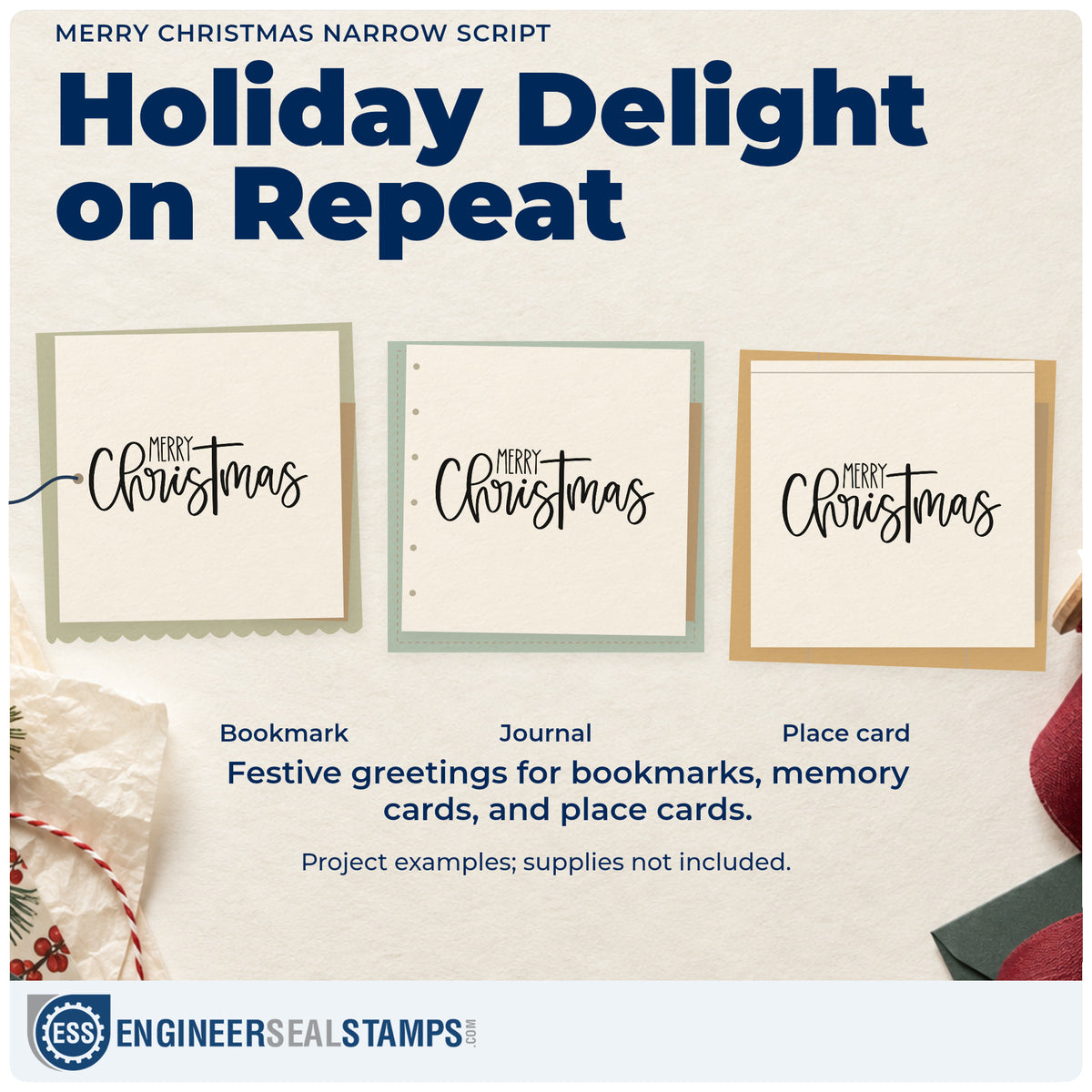 Three project examples made with the Merry Christmas Narrow Script Rubber Stamp – Duo Hand, including bookmark strip header.