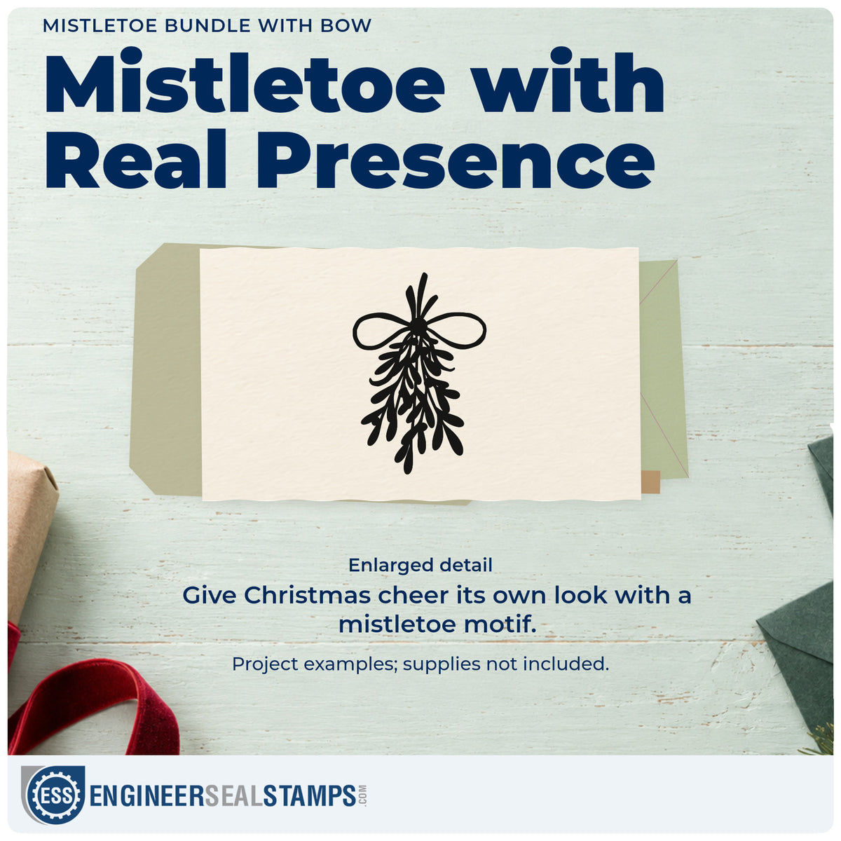 Enlarged detail of the PSI Pre-Inked Mistletoe Bundle With Bow Stamp imprint. A hanging leafy mistletoe bundle is tied at the top with a large looped bow.