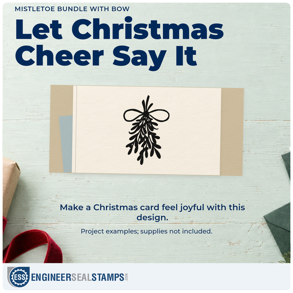 A finished handmade project stamped with the PSI Pre-Inked Mistletoe Bundle With Bow Stamp, ideal for repeat wrap pattern.