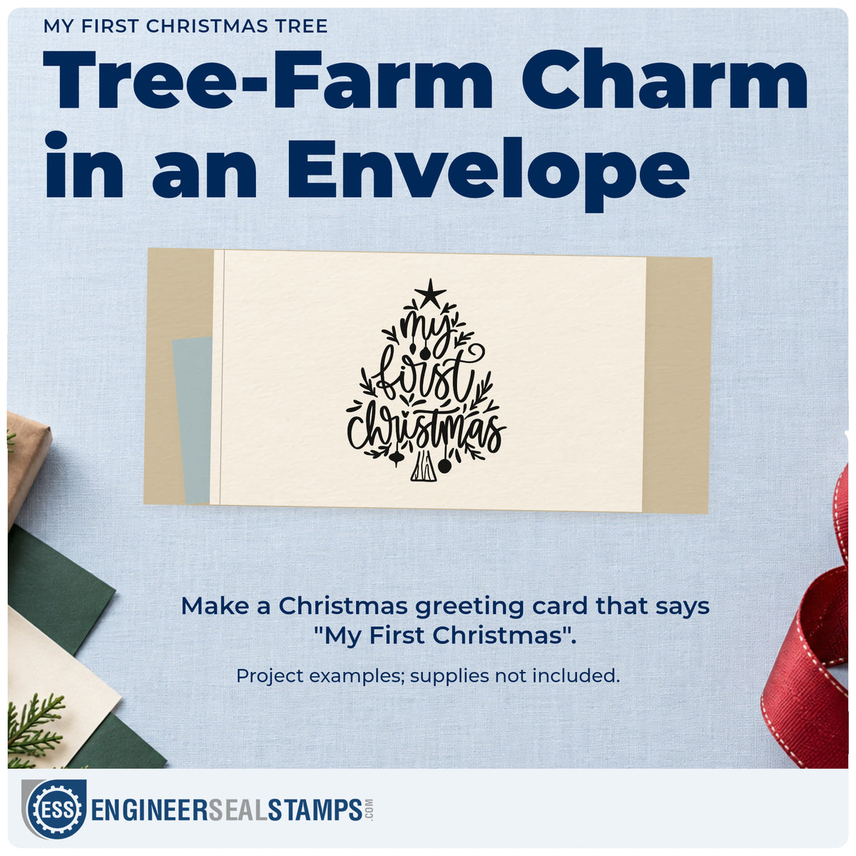A finished handmade project stamped with the My First Christmas Tree Ornaments Pre-Inked Stamp – PSI, ideal for baby album page.