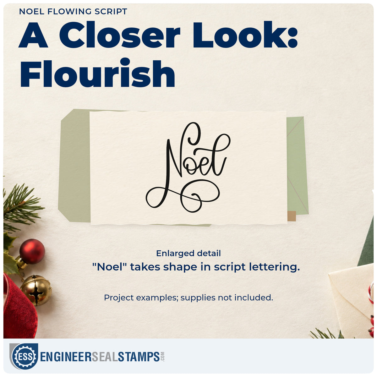 Enlarged detail of the Noel Flowing Script Wood-Mounted Rubber Stamp imprint. Tall script “Noel” features large looping flourishes.