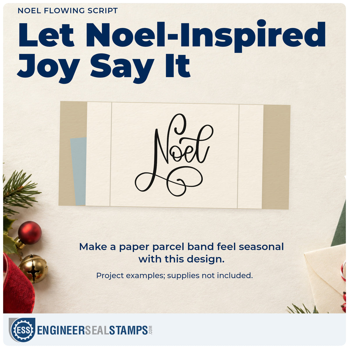 A finished handmade project stamped with the Noel Flowing Script Wood-Mounted Rubber Stamp, ideal for album cover plate.