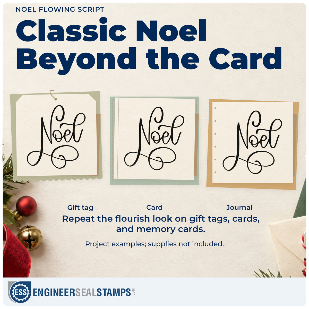 Three project examples made with the Noel Flowing Script Self-Inking Stamp, including chapter break page.
