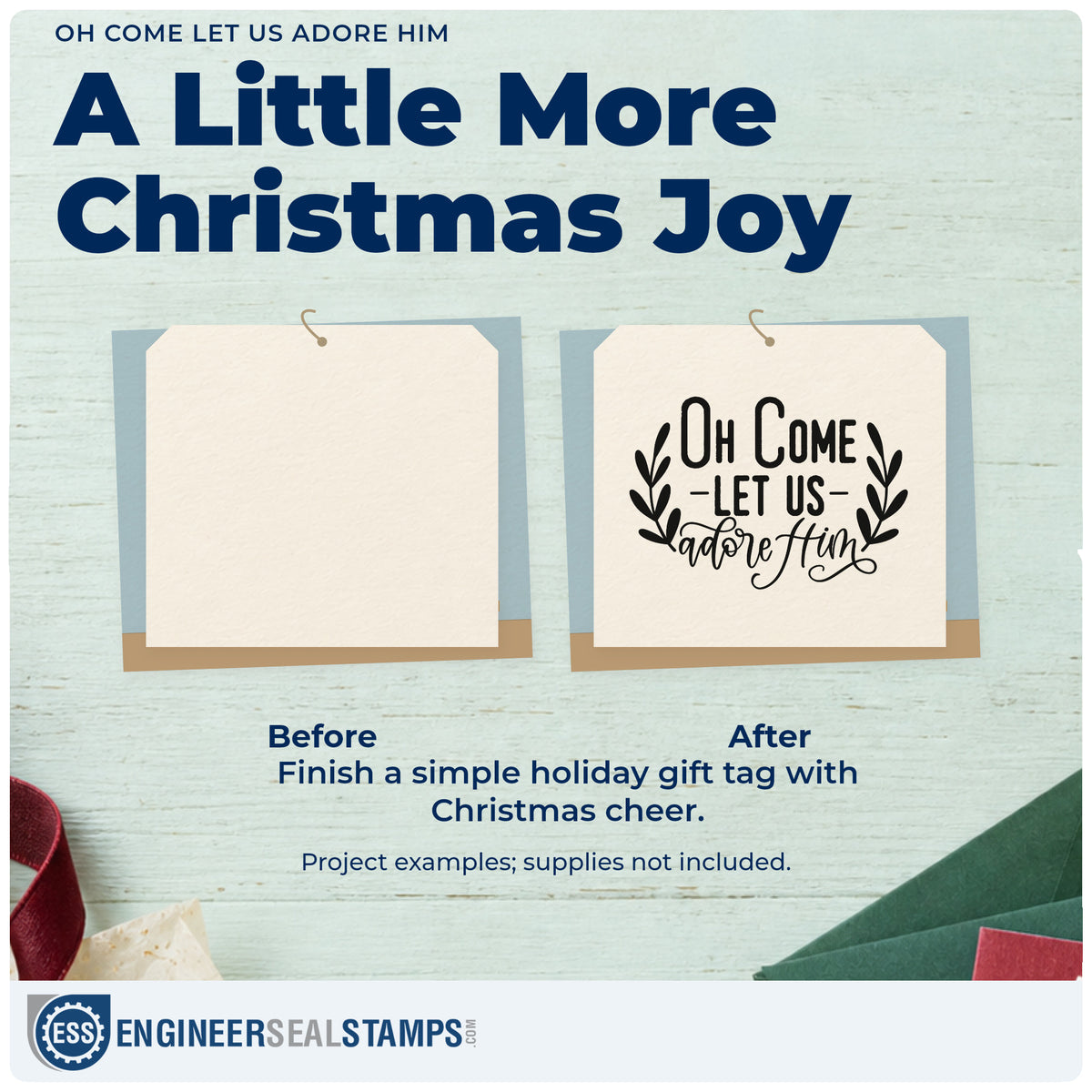 Before and after of a plain item finished with the Oh Come Let Us Adore Him Leafy Branches Stamp – Premium Vintage Pro Wooden, a quick upgrade for framed study corner.